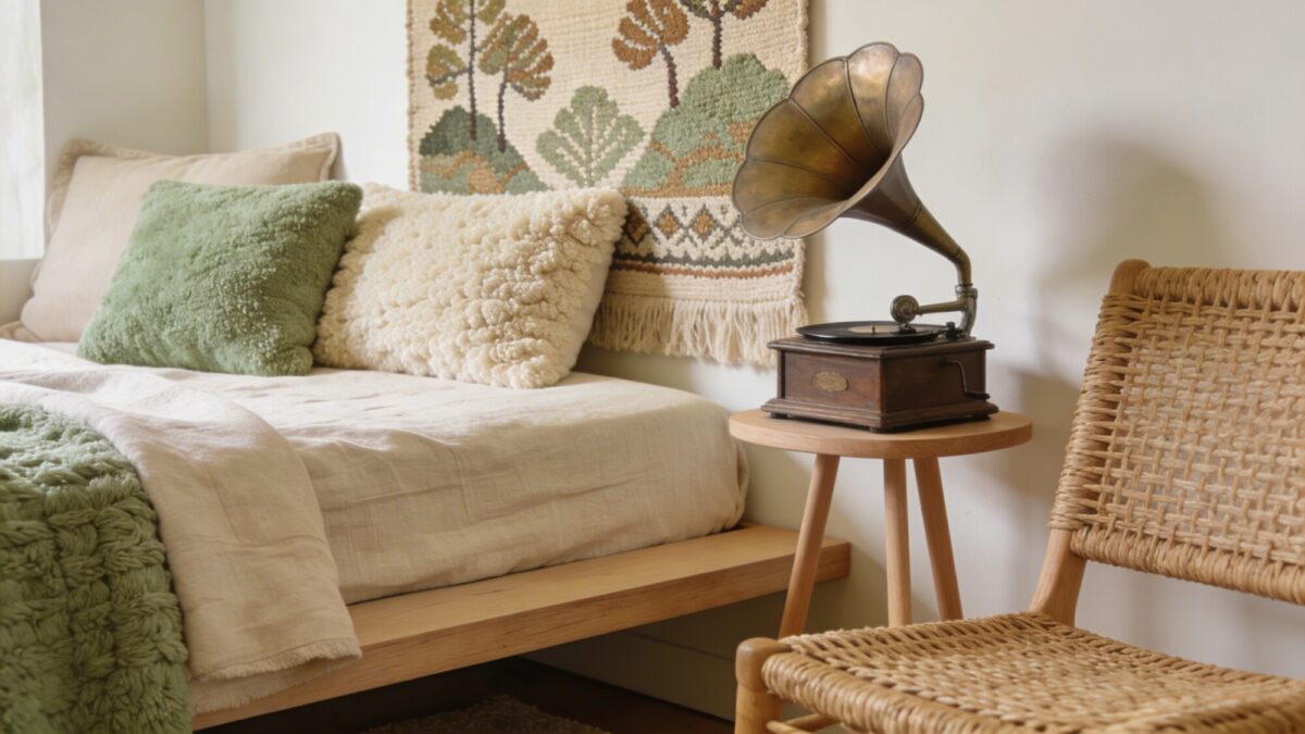 Playful textural focus: palette of sandy beige, cream, and sage green, mixed textures like linen, boucle, and wicker, a low platform bed, a woven wall tapestry, and a small gramophone on a minimalist stand, no text.