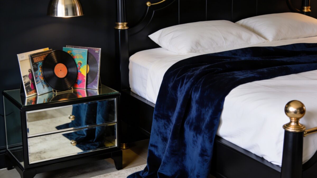 Noir glam study: deep cobalt walls with subtle metallic gold accents, a sleek black bed frame, velvet cobalt throw, mirrored nightstand, a few carefully chosen vinyl sleeves displayed like art, no text.