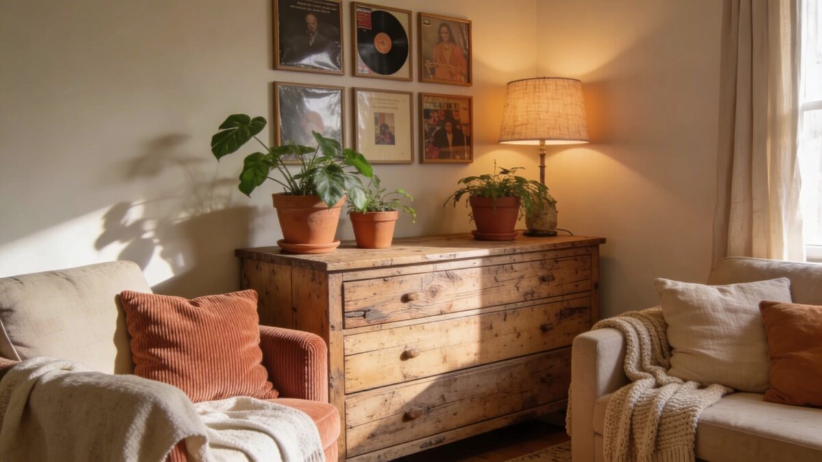 Cozy chaos lived-in vibe: sun-kissed beige and peach palette, mismatched yet cohesive textures (corduroy, linen, knit), a reclaimed wood dresser, a few plants, a small gallery wall of framed album-inspired art (non-text), and a softly lit corner lamp.