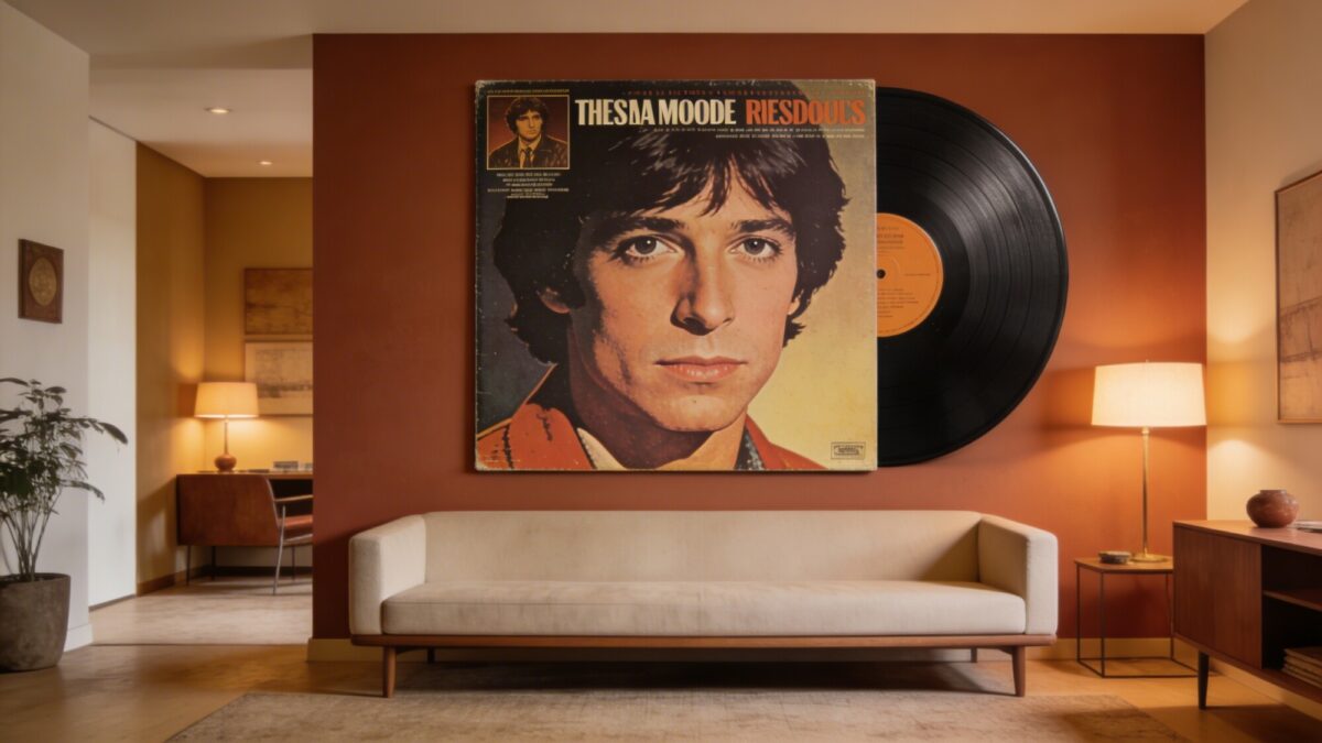 A bold focal wall featuring one oversized album cover centered on a warm, mid-century modern living room wall, surrounded by ample negative space, soft ambient lighting, and a minimalist sofa in neutral tones to emphasize the striking artwork.