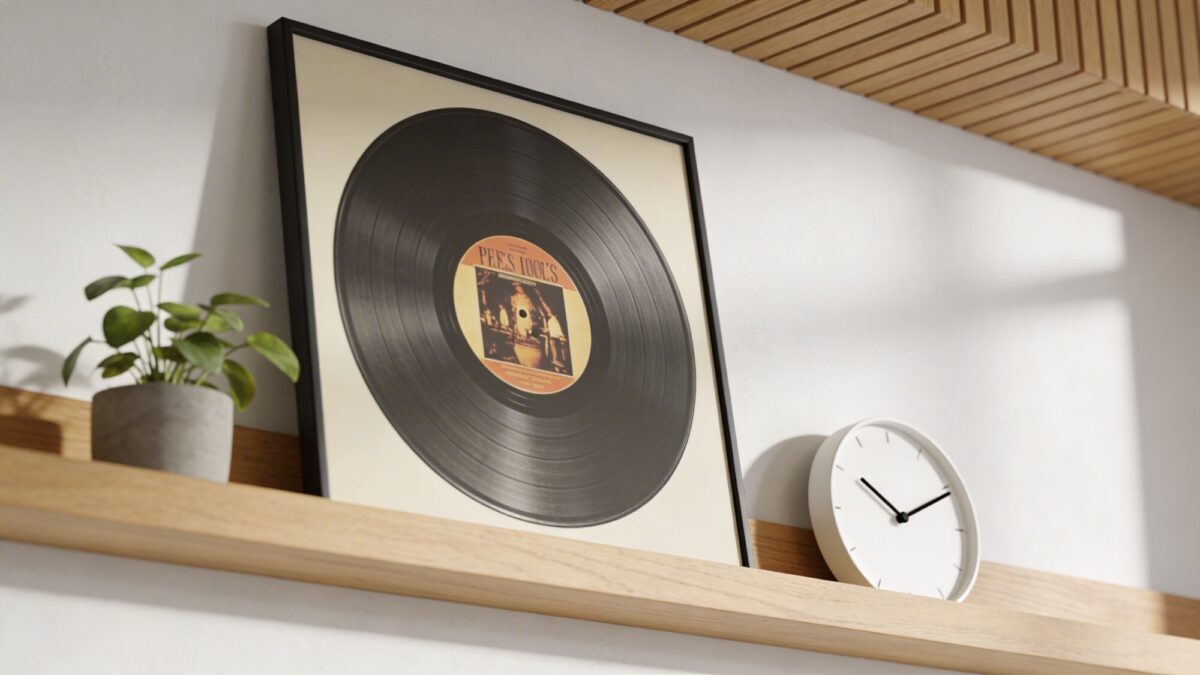 A close-up scene of a curated wall with a single oversized album cover framed in a slim black edge, complemented by subtle decorative elements like a small plant and a minimalist clock, in a Scandinavian-inspired room with white walls and natural wood accents.
