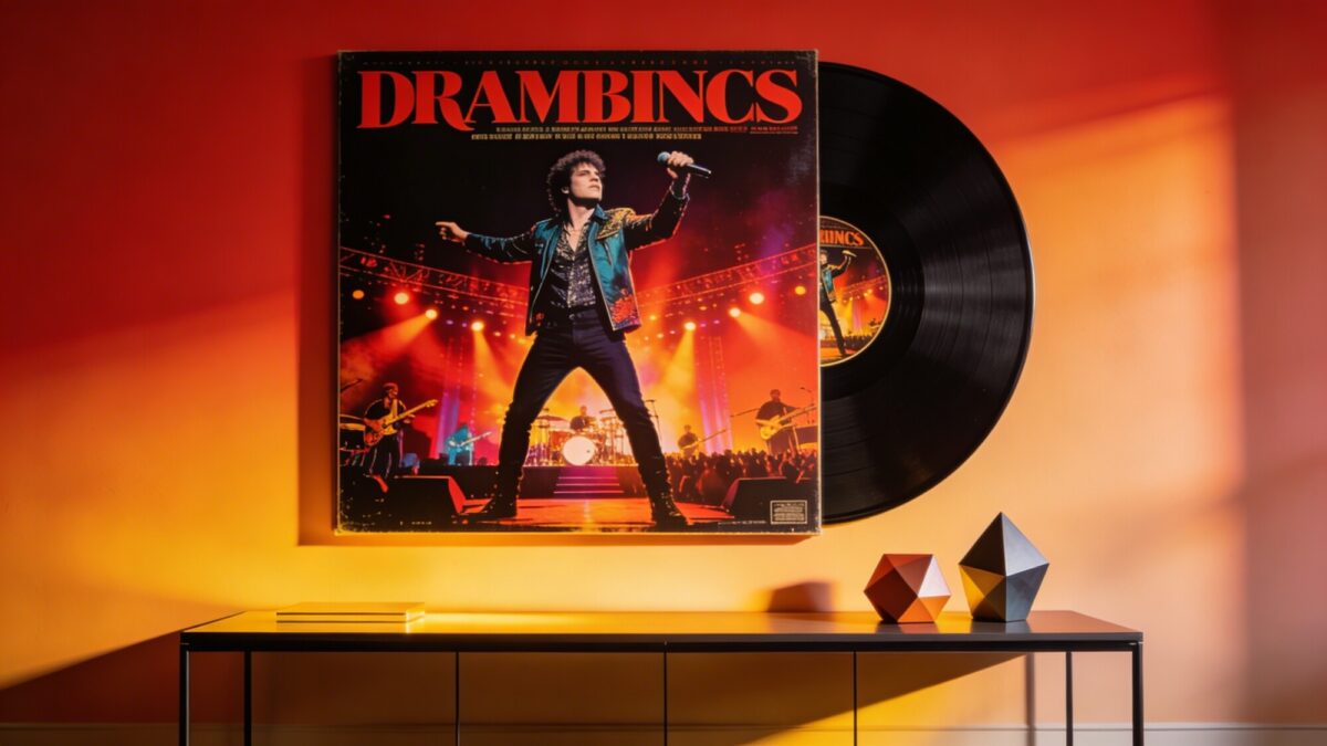 A bold, dramatic focal wall featuring an oversized album cover with high-contrast colors, paired with a sleek console table, a few geometric decorative objects, and soft warm lighting to create a concert-poster-like focal moment.