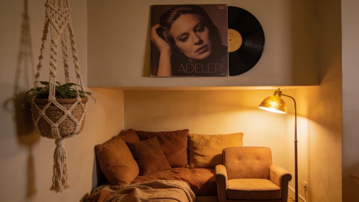 A cozy reading nook with a large album cover perched at eye level on the wall, flanked by a hanging macrame planter and a compressed, intimate seating arrangement in earth tones, with a floor lamp casting a golden glow.