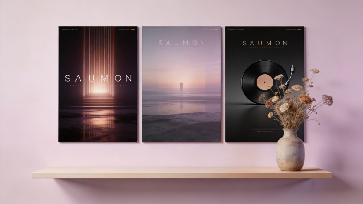 An airy living space with a single, striking triptych album cover divided across three vertical panels, balanced by a floating shelf below, a vase of dried flowers, and a muted pastel backdrop for a modern, curated look.