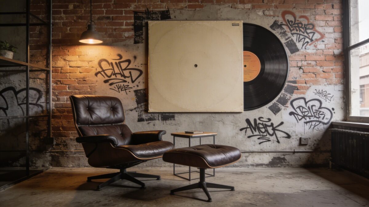 An urban loft-inspired wall featuring an oversized album cover with a matte finish, surrounded by graffiti-inspired accent textures on the wall and a sleek leather chair with a small side table to echo a music-first vibe without clutter.