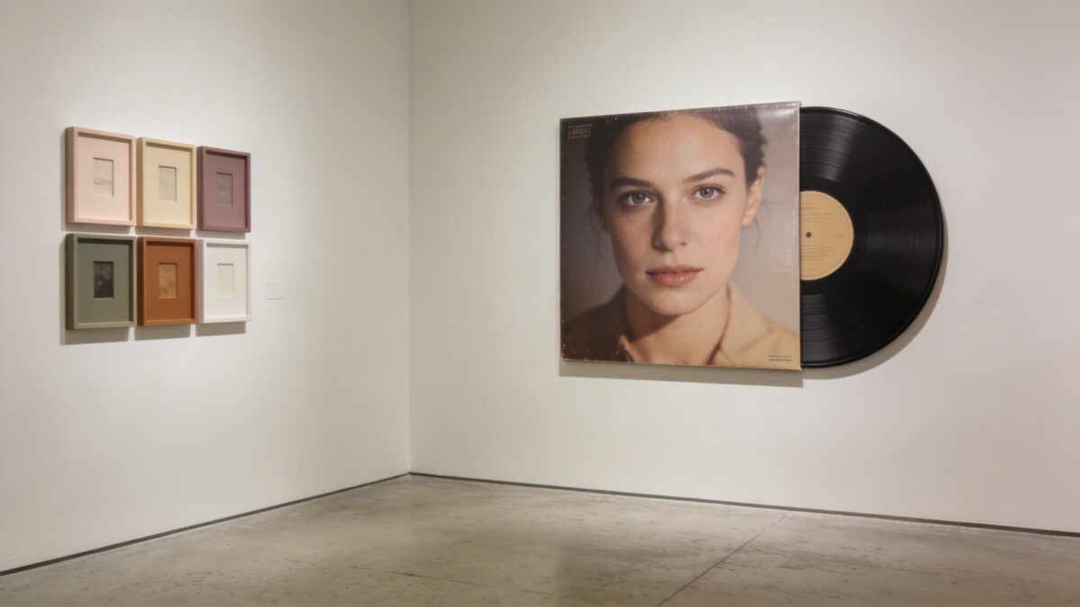 A minimal gallery-style wall where one large album cover anchors the composition, accompanied by a spare, color-matched frame cluster on the adjacent wall to hint at a curated collection, set in a room with concrete floors and soft, diffused lighting.