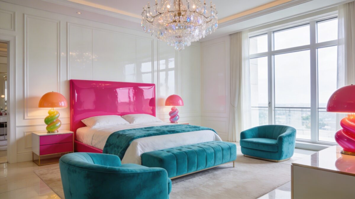 A luxurious modern mansion bedroom with ivory walls and glossy white paneling, a bed with a high-gloss neon pink headboard, plush velvet seating in teal, and sculptural candy-bright lamps, all under a dramatic crystal chandelier, soft natural light flooding large windows.