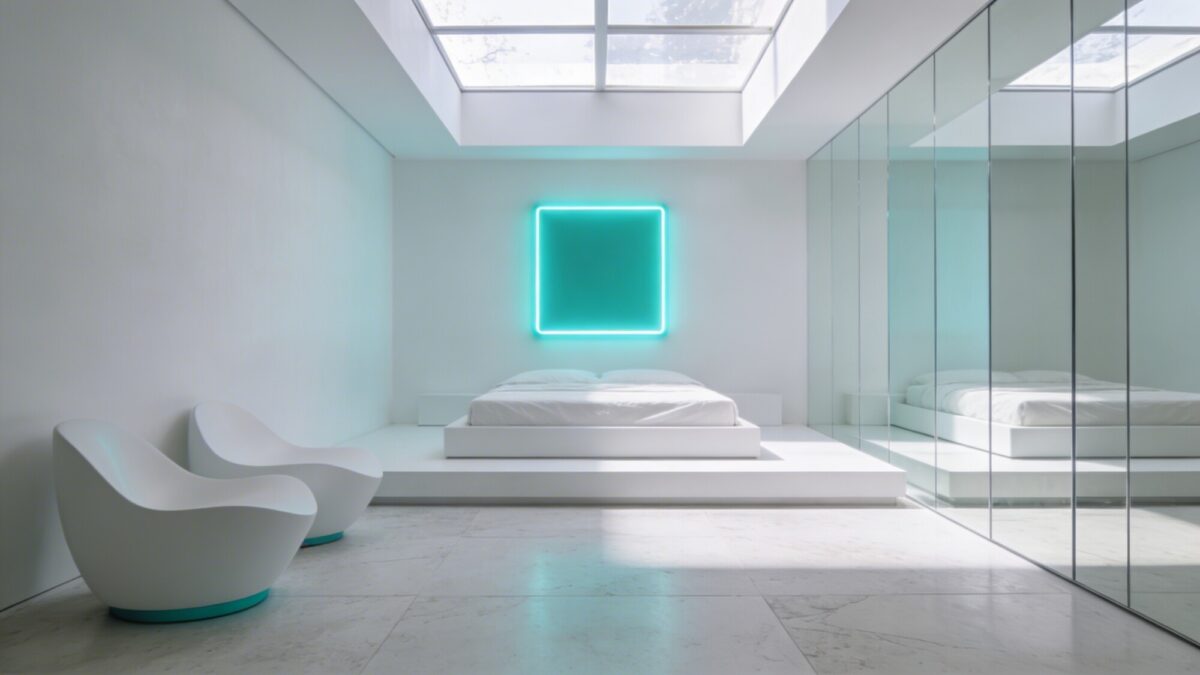 A chic monochrome base scene: all-white room with matte stone floors, a minimalist white platform bed, against a single electric teal neon accent wall art piece, sleek mirrored surfaces, and abstract white seating, daytime skylight glow.