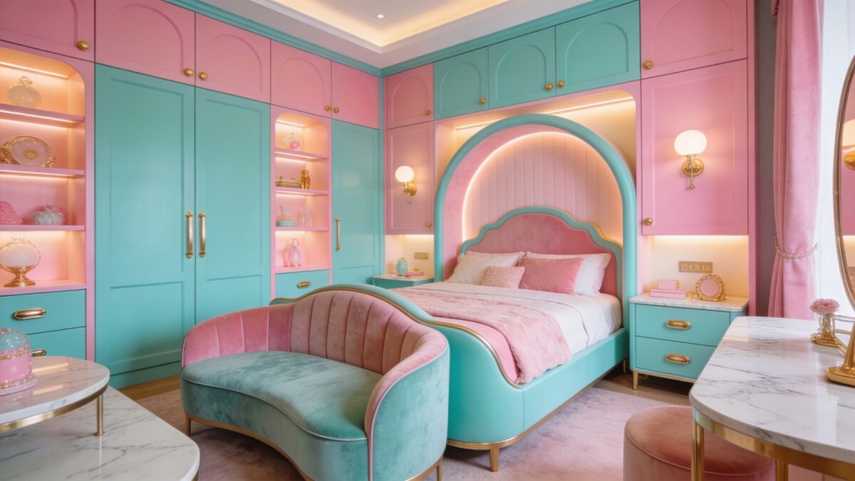 A playful luxe corner: candy-bright pink and mint teal accents integrated into built-in cabinetry, a sculptural bed frame, curved seating, and gold hardware, with soft ambient lighting and high-end textures like velvet and marble.