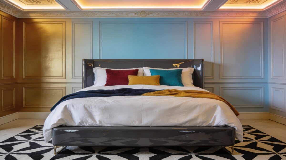 An ornate ceiling with subtle paneling and hidden LED color wash, a modern bed with a glossy frame, oversized soft white linens, and bold color pops in pillows and throw blankets, complemented by a statement black-and-white rug.