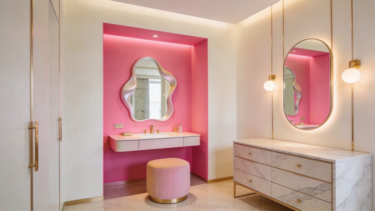 Soft base ivory room with one bold neon highlight: neon pink wall niche featuring a floating vanity, sculptural mirror, and pastel-toned seating, finished with brass accents and a marble-topped dresser.