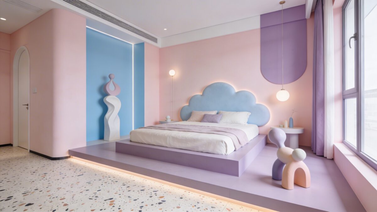 Pastel palette chamber: pale pink walls with powder-blue and lavender accents, a platform bed with a cloudlike headboard, terrazzo floor, and playful abstract sculptures, all in a serene, high-end boutique vibe.
