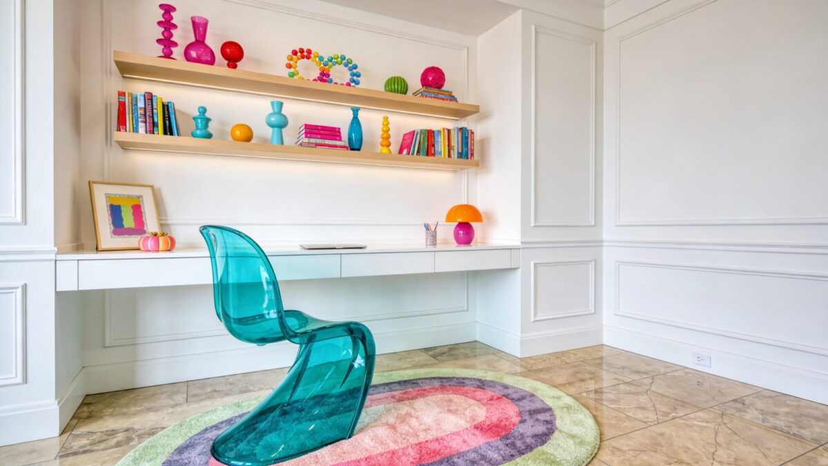 Luxe candy-bright study nook: a built-in desk area with a glossy acrylic chair in electric teal, a floating bookshelf with colorful deco, and a soft area rug layered over polished stone floors, framed by simple white paneling.