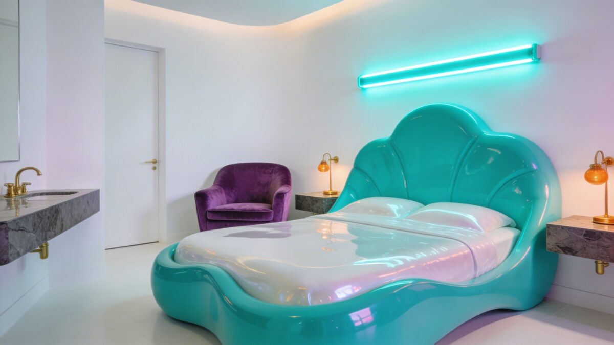 Candy-bright contrast: all-white room punctuated by one neon highlight (electric teal), a sculptural bed with a glossy finish, velvet accent seating in lavender, and matte stone surfaces with warm brass fixtures to balance whimsy and luxury.