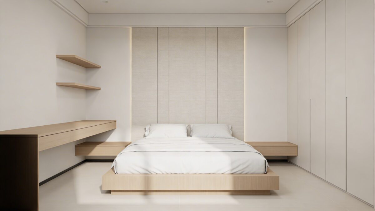 A modern minimalist Bloxburg bedroom with a low-profile platform bed, clean white bedding, wall-mounted floating shelves on one side, a slim desk in light wood, and a large neutral-toned accent wall with subtle textured panels behind the bed; ample negative space and soft natural lighting.