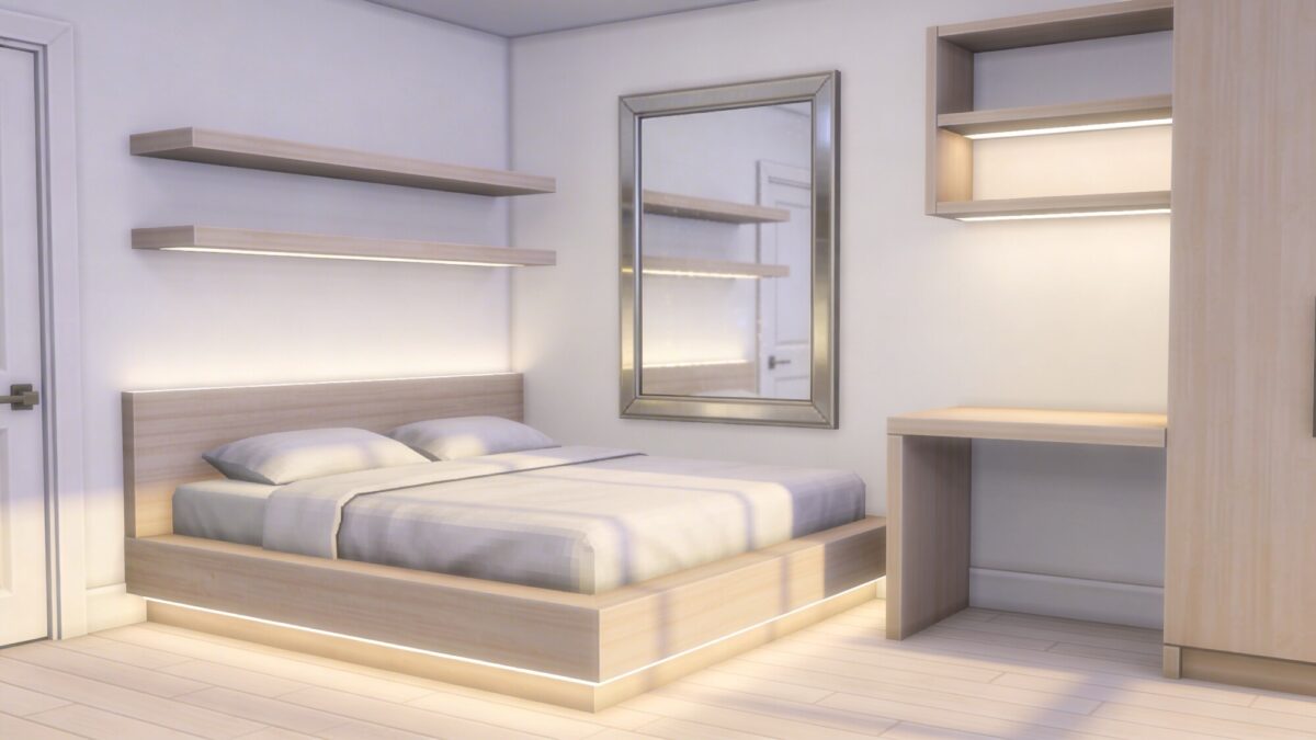 A serene Bloxburg sleep sanctuary showcasing an ultra-clean layout: floating shelves above a low bed, a single large framed mirror to enhance light, pale wood tones, and a quiet study nook with a slim desk, all framed by soft ambient lighting.