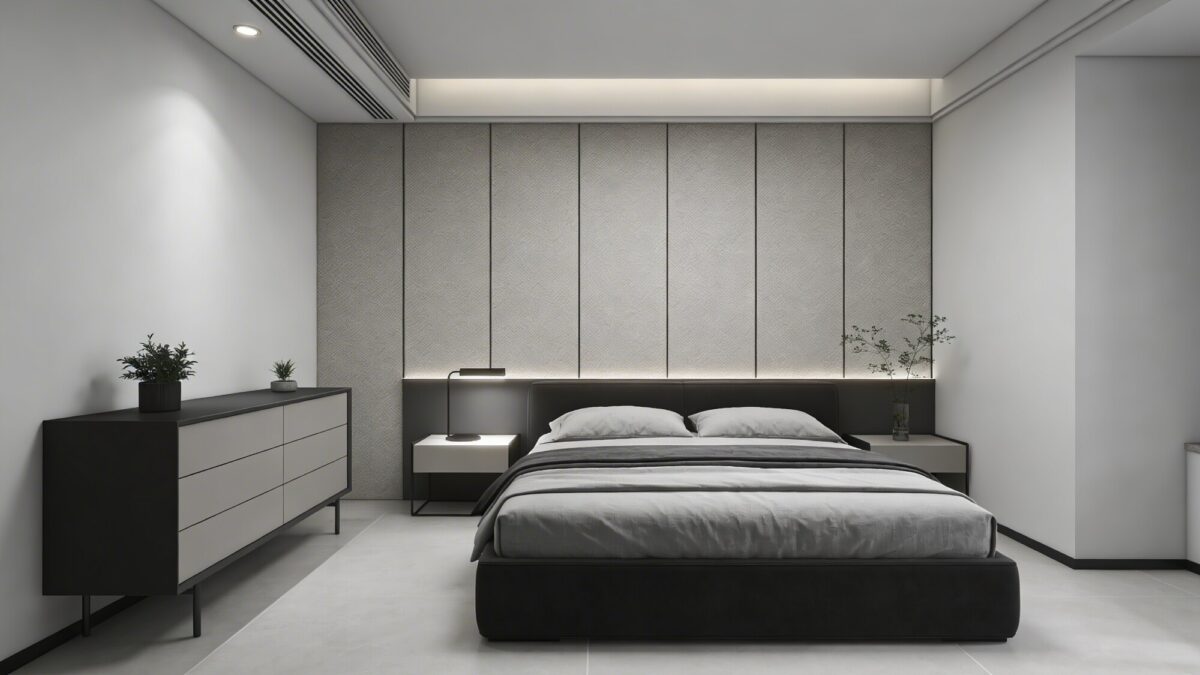 A luxe yet minimal Bloxburg bedroom with an accent wall of textured panels behind the bed, a monochrome color scheme, a slim bedside lamp, a streamlined dresser, and a tidy floor with no clutter, small plants for subtle color.