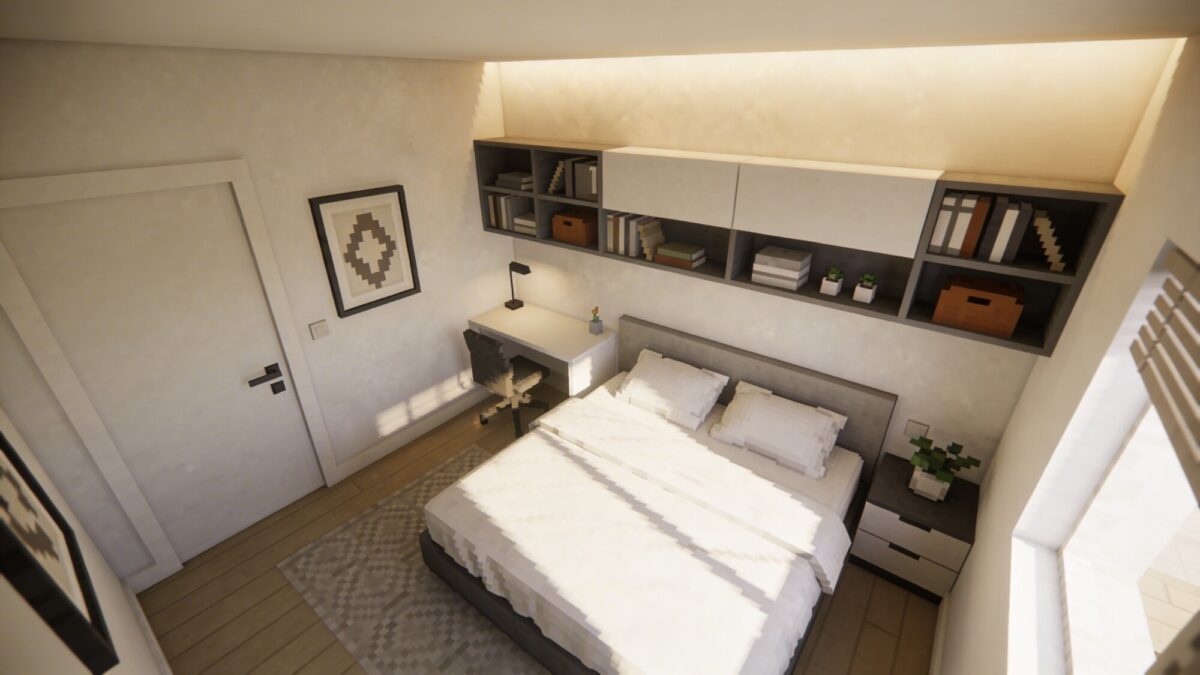 A cozy Bloxburg bedroom on a small plot: minimal furniture, a low bed with crisp white linens, wall-mounted storage, a slim desk tucked into a corner, and a neutral palette of whites, grays, and soft earthy tones, with natural daylight streaming in.