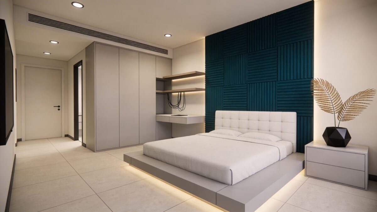 A chic Bloxburg bedroom featuring a bold accent wall in textured panels, a simple platform bed, hidden cable management for a clean desk area, a single statement plant, and uncluttered surfaces that highlight negative space.