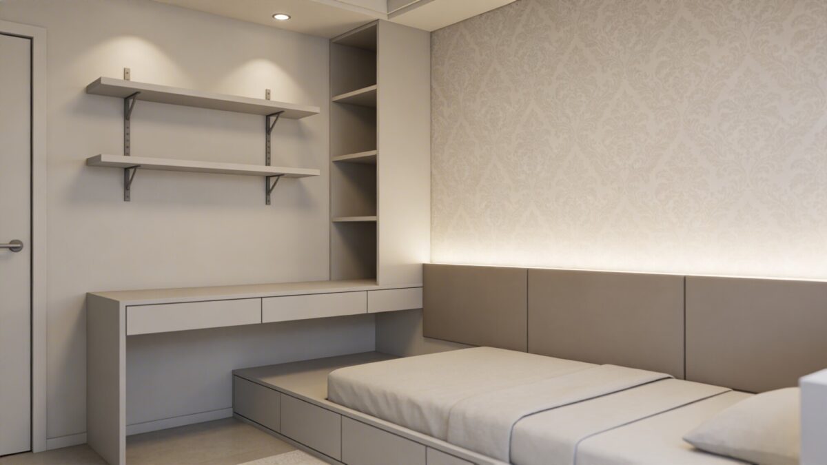 A contemporary Bloxburg study nook integrated into the bedroom: slim desk, wall-mounted shelving, a low-profile bed, and a calm color palette; the accent wall behind the bed uses subtle wallpaper texture to create depth without overwhelming the room.