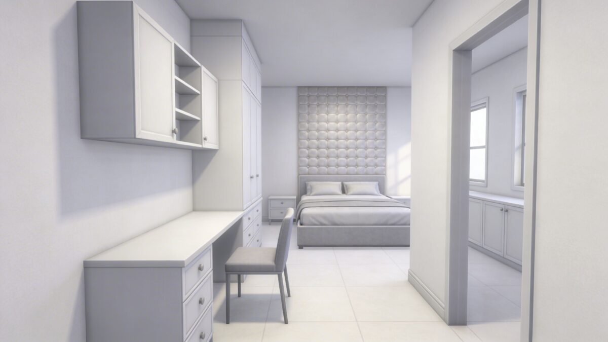 A tranquil Bloxburg bedroom with a barely-there color scheme of whites and light grays, a compact desk and chair, wall-mounted storage to keep floor clear, and a behind-the-bed textured panel that adds luxe dimension while maintaining a spacious feel.