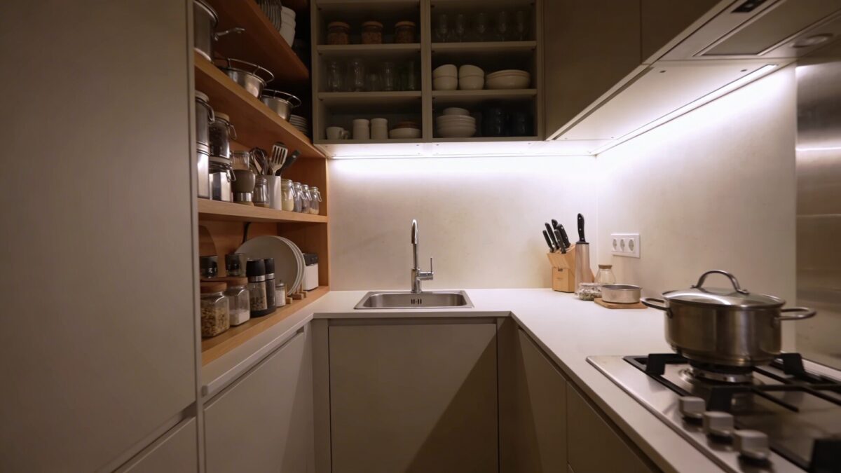 A compact U-shaped kitchen with smartly organized open shelves, under-cabinet lighting, and a small stainless steel sink, emphasizing efficient workflow in a tight space.