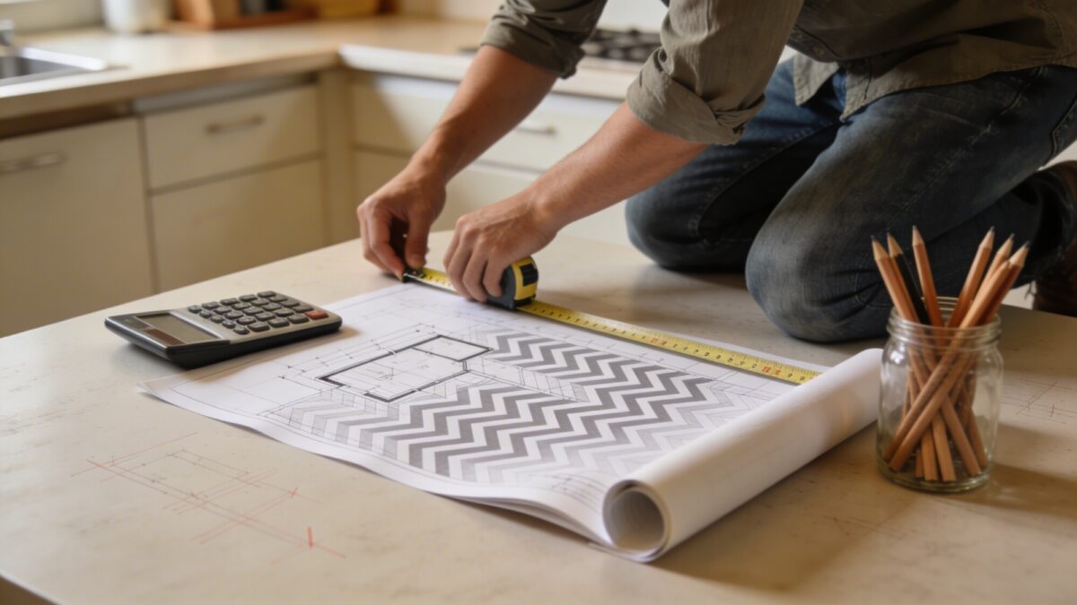 A budget-focused kitchen planning scene: a designer measuring counters, a large chevron-style blueprint on the table, a calculator, and a jar of pencils, conveying the planning phase.