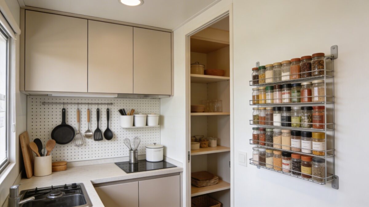 A bright mini kitchen with neutral cabinets, a pegboard storage wall, and magnetic spice rack, showing clever storage solutions in a small footprint.