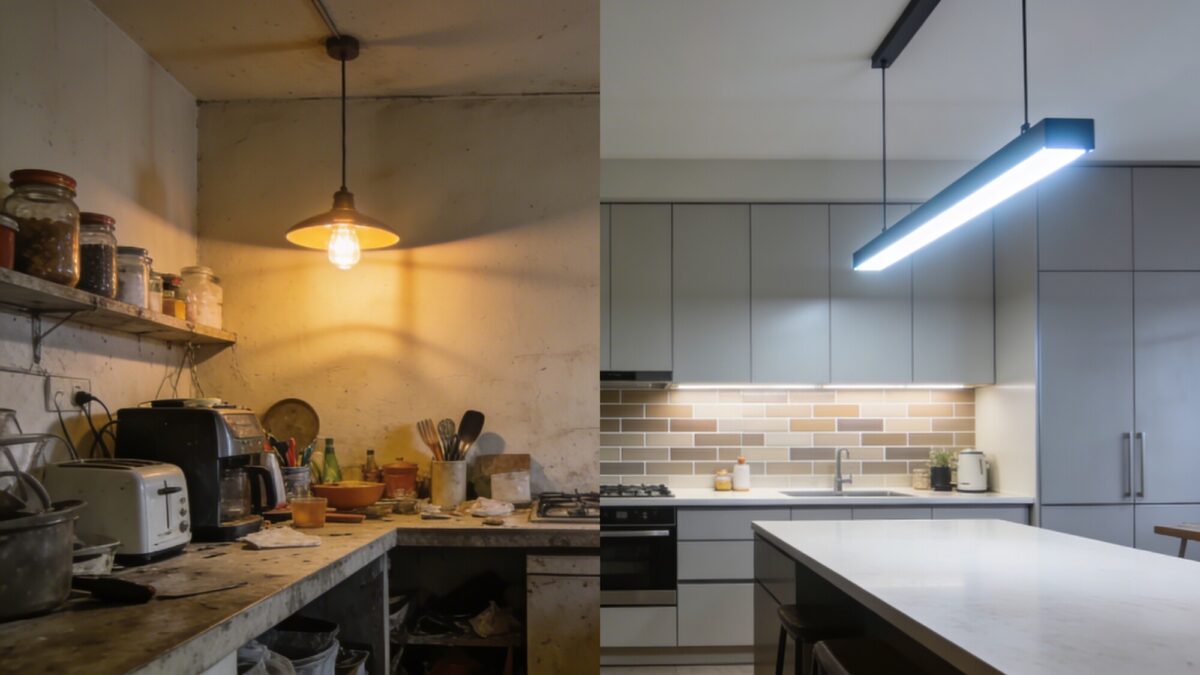 A before-and-after style split image: left side cluttered countertop with outdated lighting, right side improved kitchen with LED pendant lights, updated backsplash, and streamlined counters.