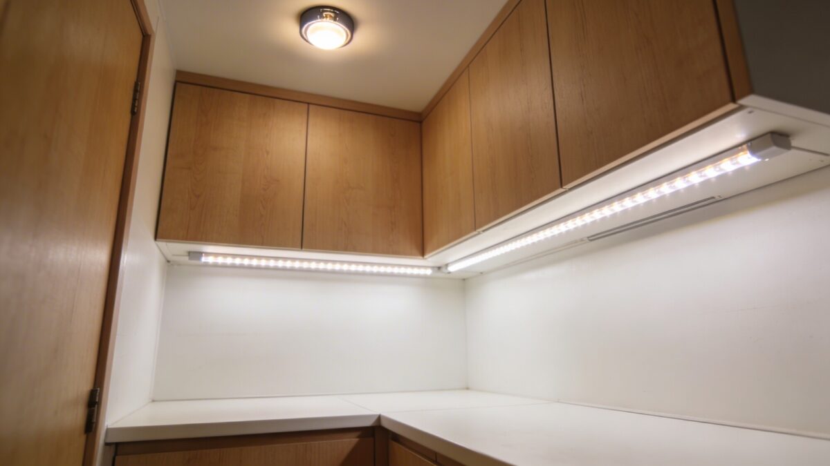 A close-up of a simple, affordable lighting upgrade: under-cabinet LED strips and a small ceiling light in a compact kitchen, highlighting budget-friendly illumination.