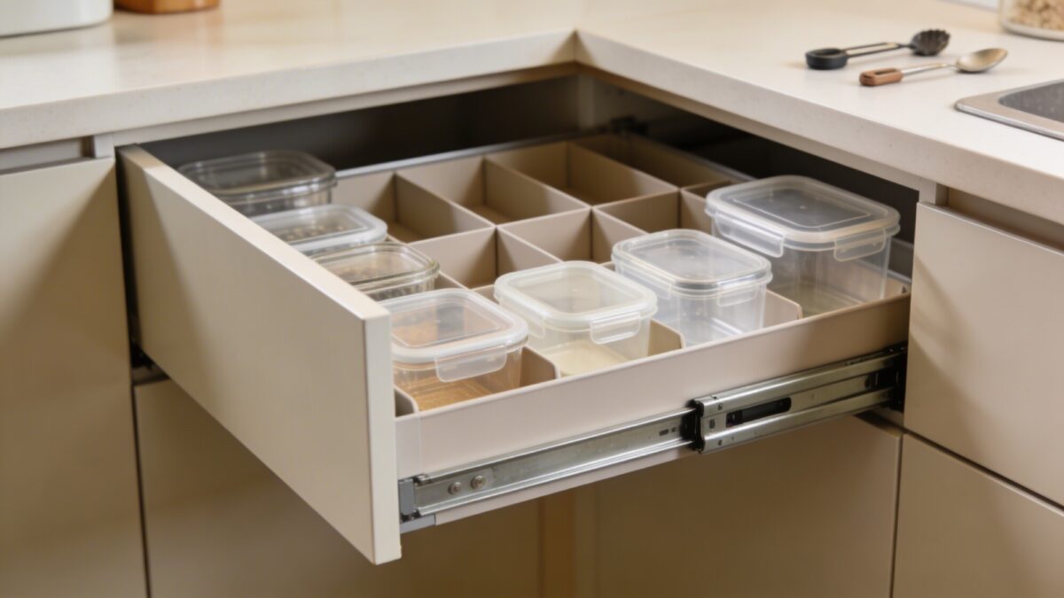A corner cabinet organizing system with pull-out shelves and labeled containers, illustrating optimized storage in a tight kitchen.