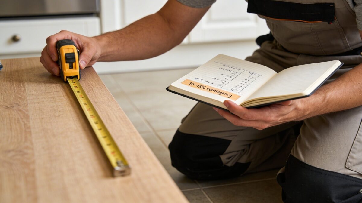 A person measuring countertops with a tape measure and a notebook that lists a 10–15% contingency, conveying careful budgeting and planning.