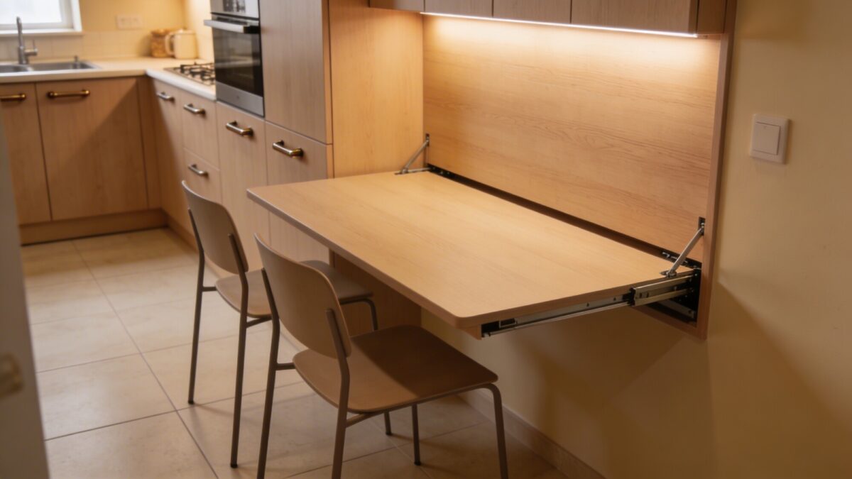 A stylish but compact dining nook integrated into a small kitchen, featuring a fold-down table, slim chairs, and warm lighting to maximize usable space.