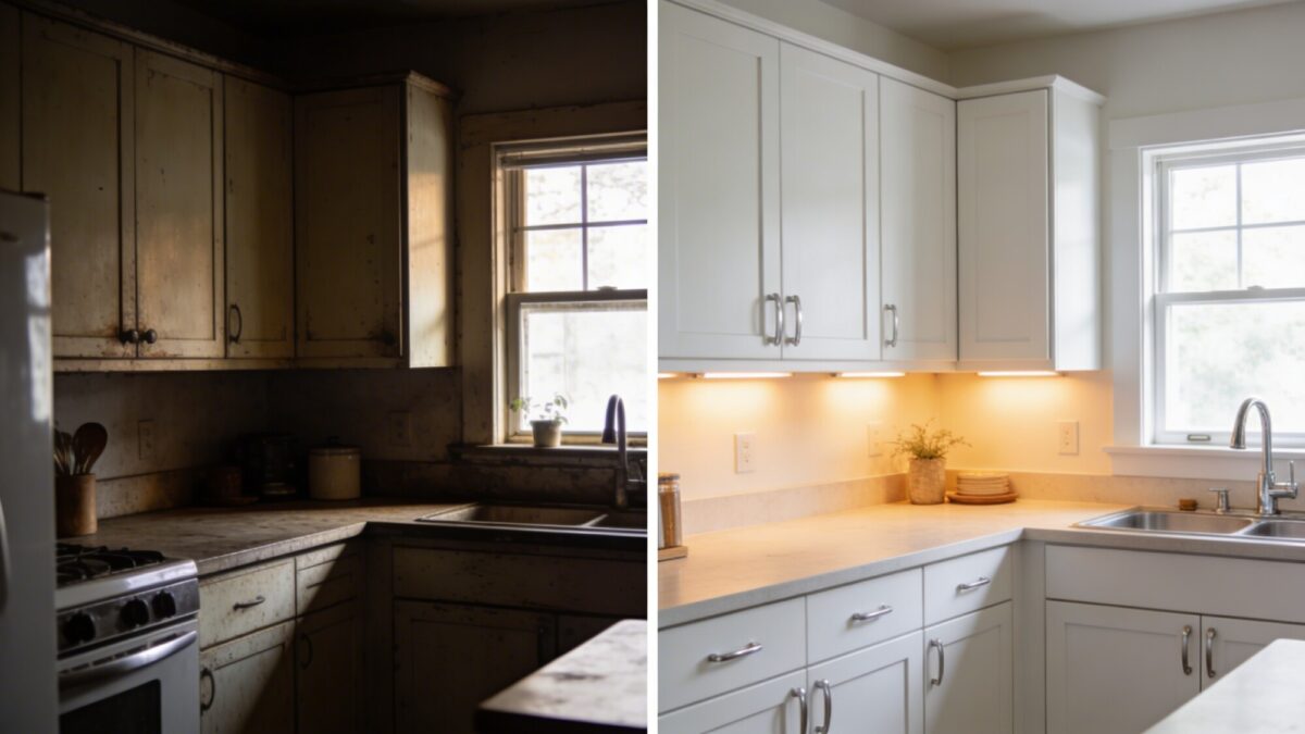A bright, modern kitchen before-and-after scene split-screen showing a budget-friendly remodel with updated white cabinets, inexpensive hardware, and warm under-cabinet lighting, all in a sunlit, airy space.