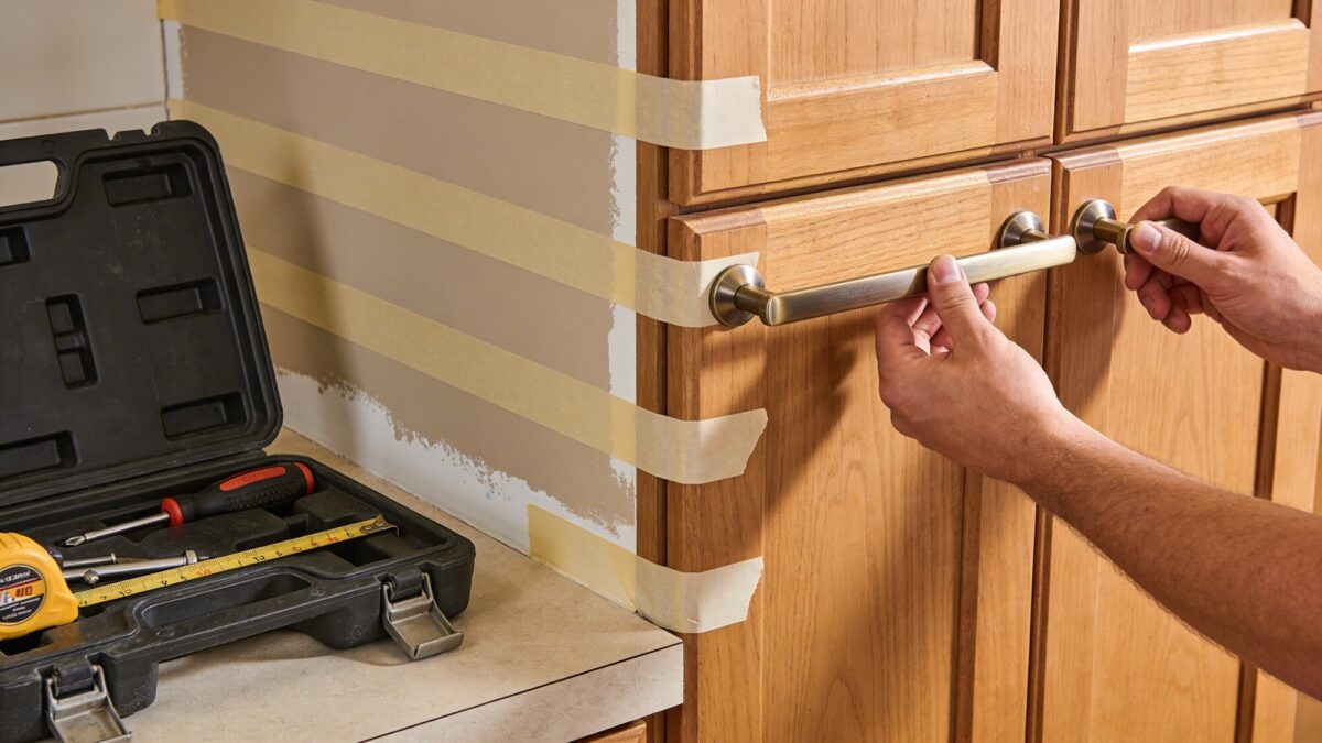 A close-up of a DIY-friendly kitchen with open-toolbox, painter’s tape on walls, and a person installing affordable brushed-nickel cabinet pulls, emphasizing a hands-on, budget-smart approach.