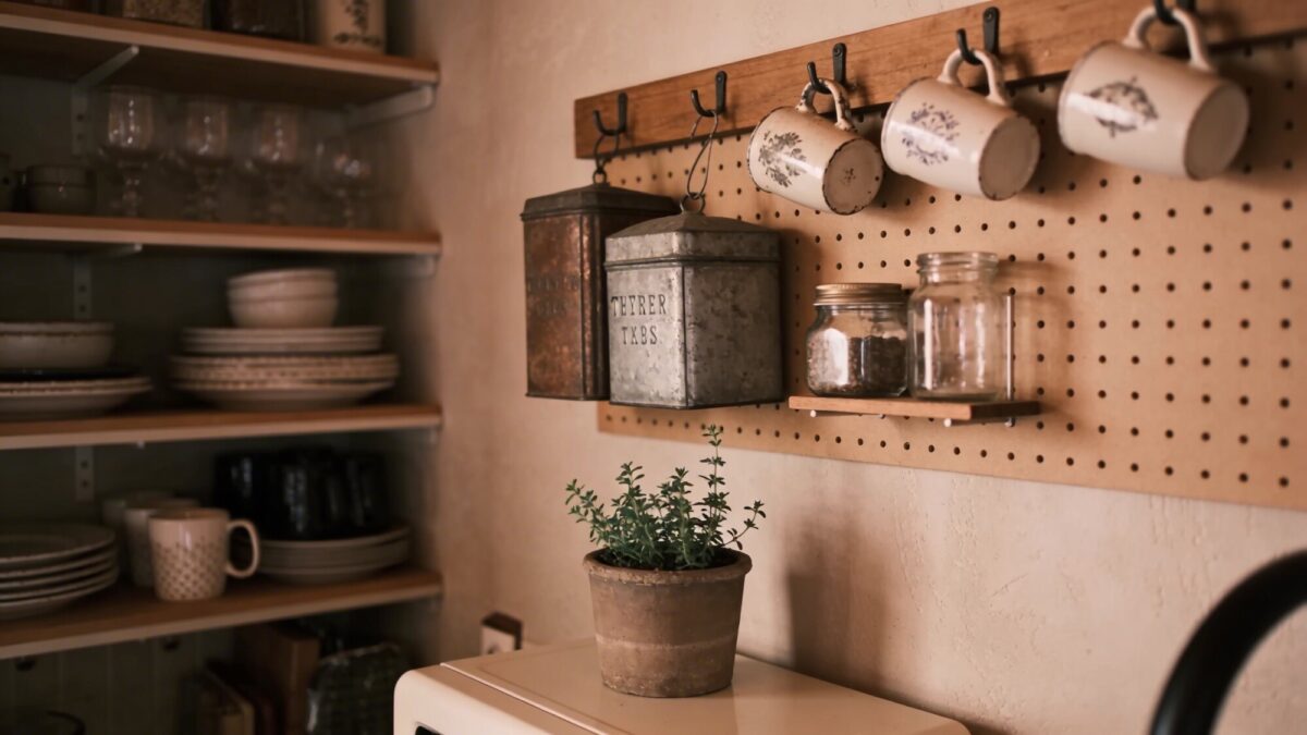 A cozy, organized kitchen corner featuring wall-mounted pegboard with thrifted or repurposed containers, showcasing inexpensive storage upgrades without full gutting.
