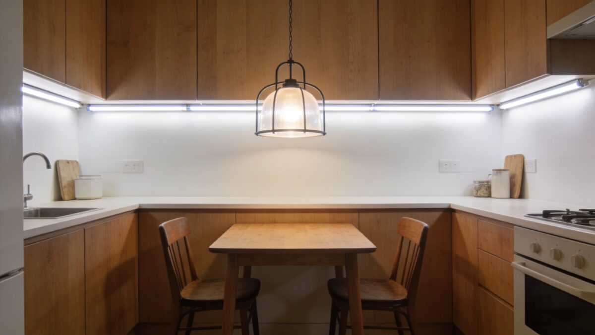 A kitchen with updated lighting: installation of affordable LED strip lights under cabinets and a stylish but inexpensive pendant light over a small dining nook, casting bright, welcoming light.