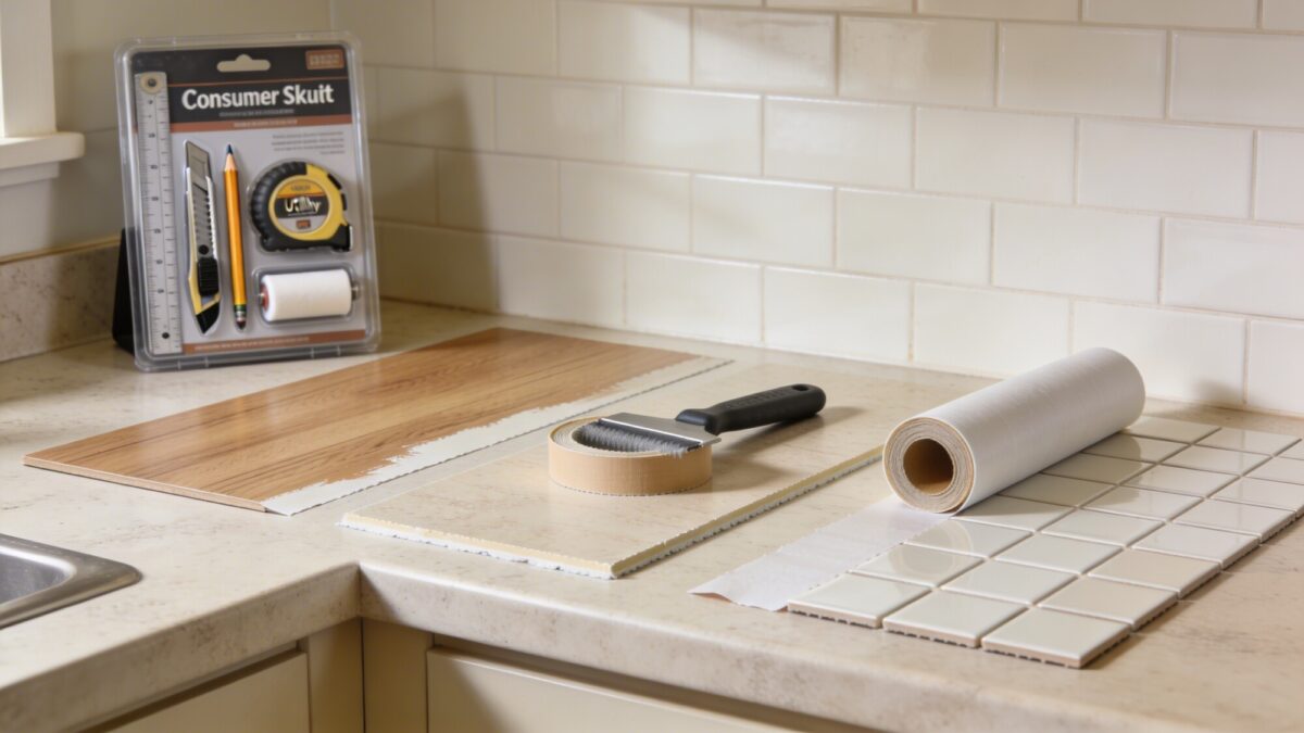A countertop makeover scene showing affordable countertop DIY options: laminate swap, edge banding, or self-adhesive backsplash, with a consumer-friendly toolkit nearby.