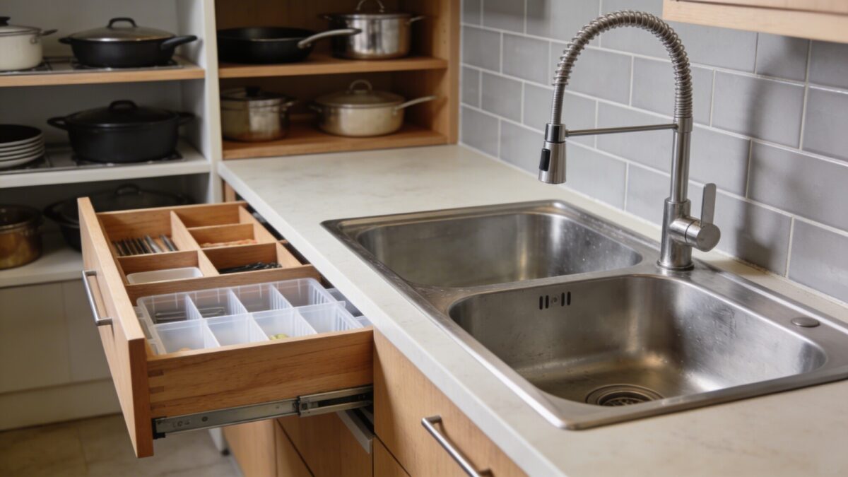 A functional kitchen workspace featuring built-in organizers, drawer dividers, and a large sink setup, illustrating must-have features within a limited budget.