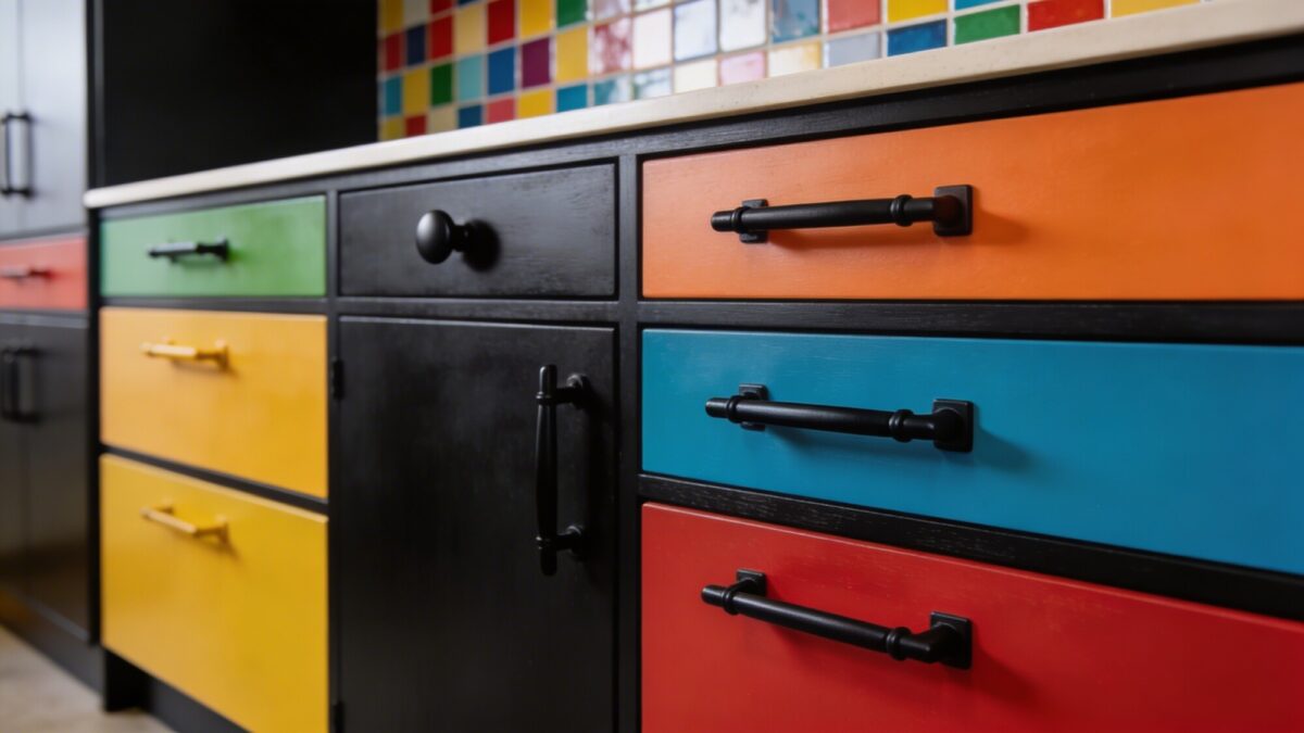 A vibrant color and hardware refresh: profile view of drawers and cabinets with new colorful or matte-black hardware, complemented by upgraded door handles and a pop of personality on the backsplash.