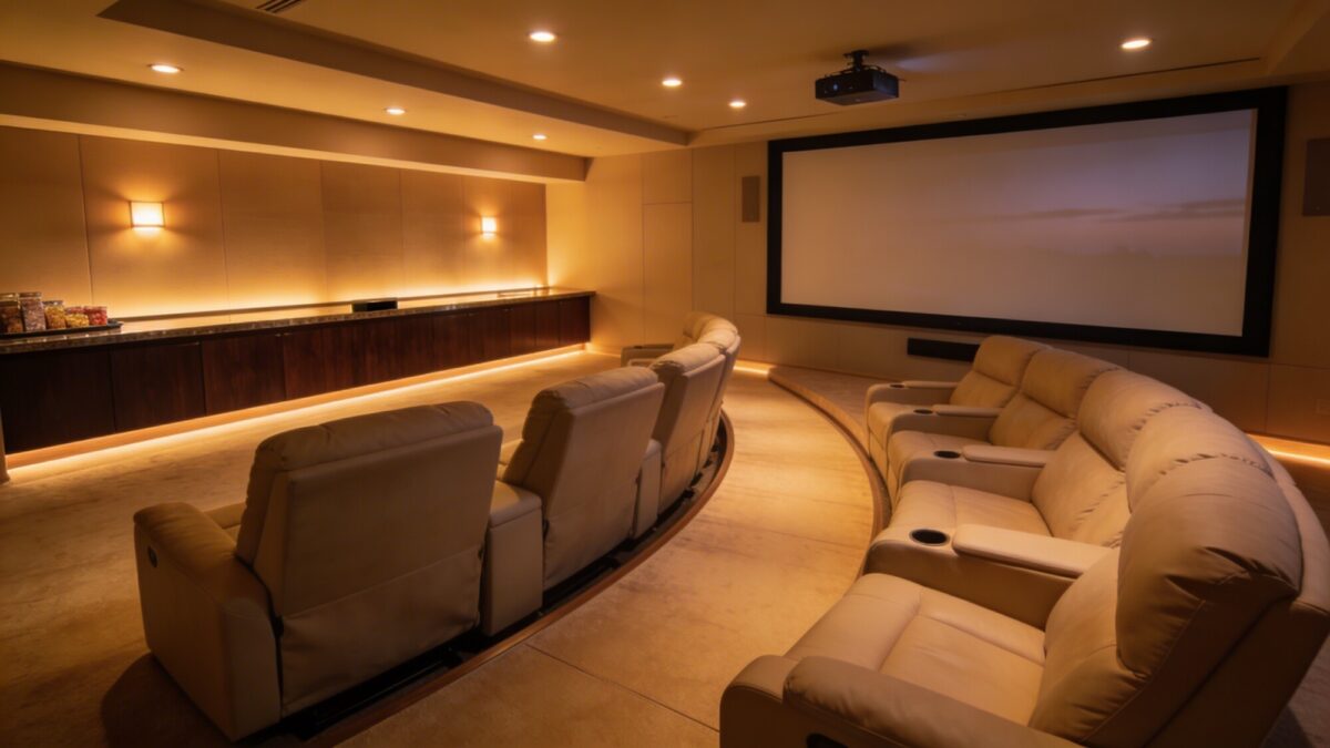 A luxurious home theater room at dusk with a large projector screen, plush reclining seats arranged in a gentle curved arc, warm ambient lighting, and a low-profile snack bar along the back wall; quiet, uncluttered walkway, no visible people.