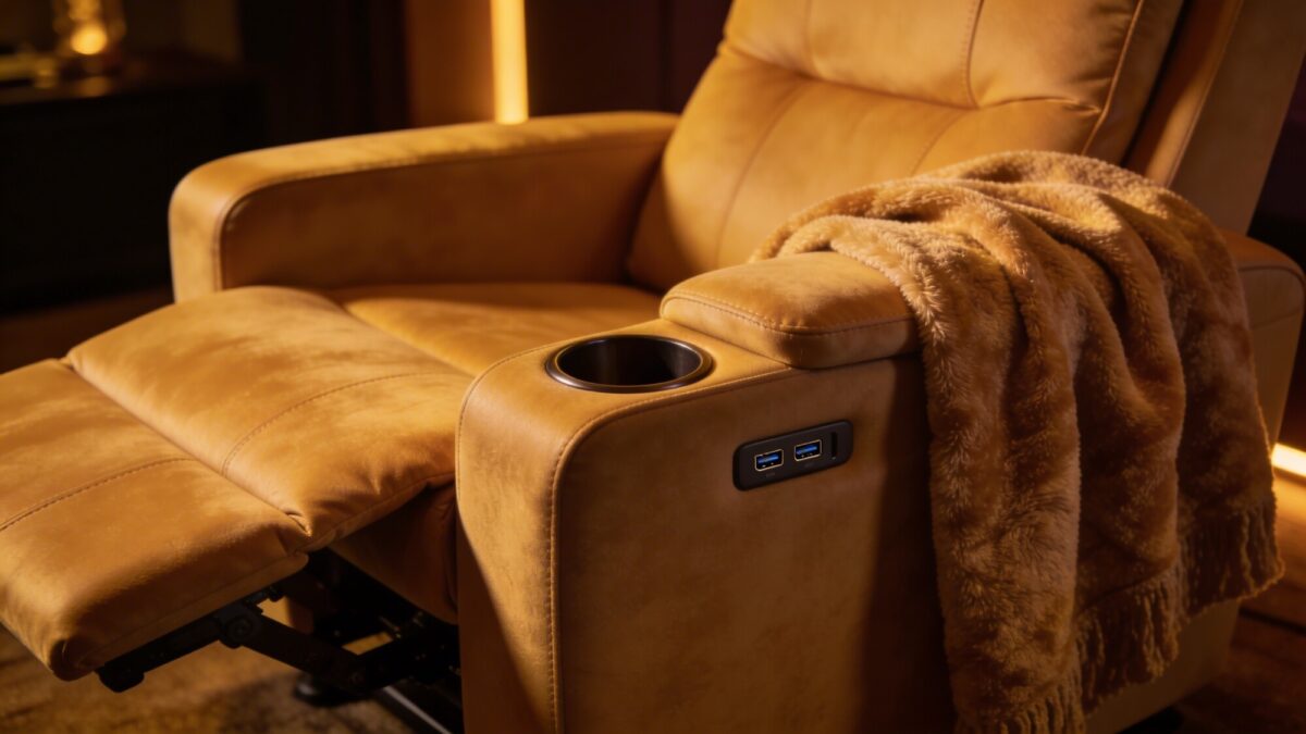 Close-up of a premium home theater chair with built-in cup holder and USB charging, soft leather or suede upholstery, subtle recline mechanism, and a plush throw blanket draped over the arm; dim, film-friendly lighting in the background.