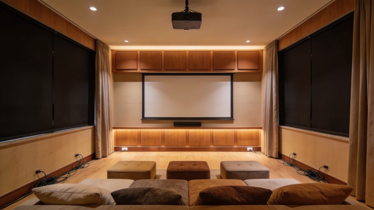 Wide shot of a dedicated home theater layout showing a focal wall with a wall-mounted projector screen, blackout curtains, acoustic panels in a warm wood tone, and floor seating options plus a few ottomans; cables neatly hidden along baseboards.