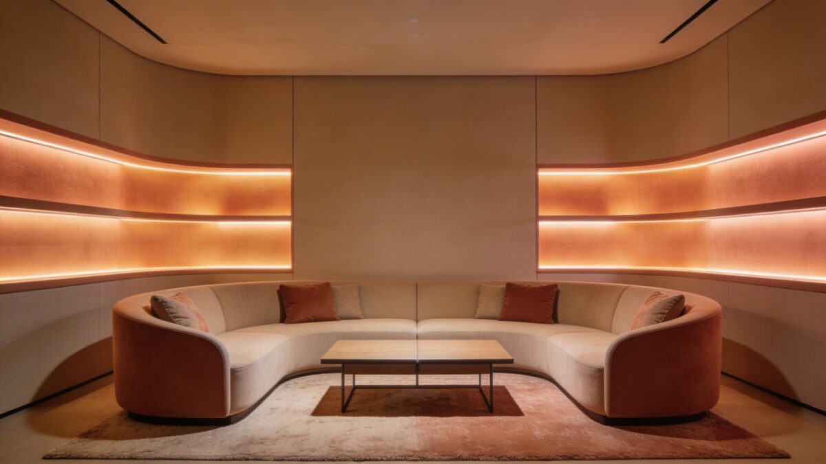 Intimate lounge corner within a home theater: two or three curved sectional seats with lumbar pillows, a shared low coffee table, warm LED accent shelves, and a soft rug underfoot; no clutter, warm color palette.