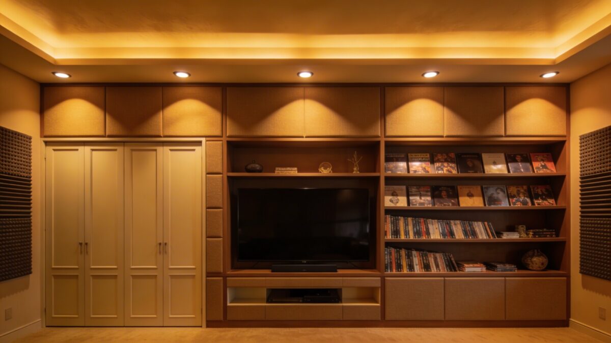 A wall designed as a clever TV wall with built-in shelving for movies and decor, recessed lighting along the top edge, acoustic treatment panels, and a subtle, unobtrusive storage solution; cinematic ambiance.