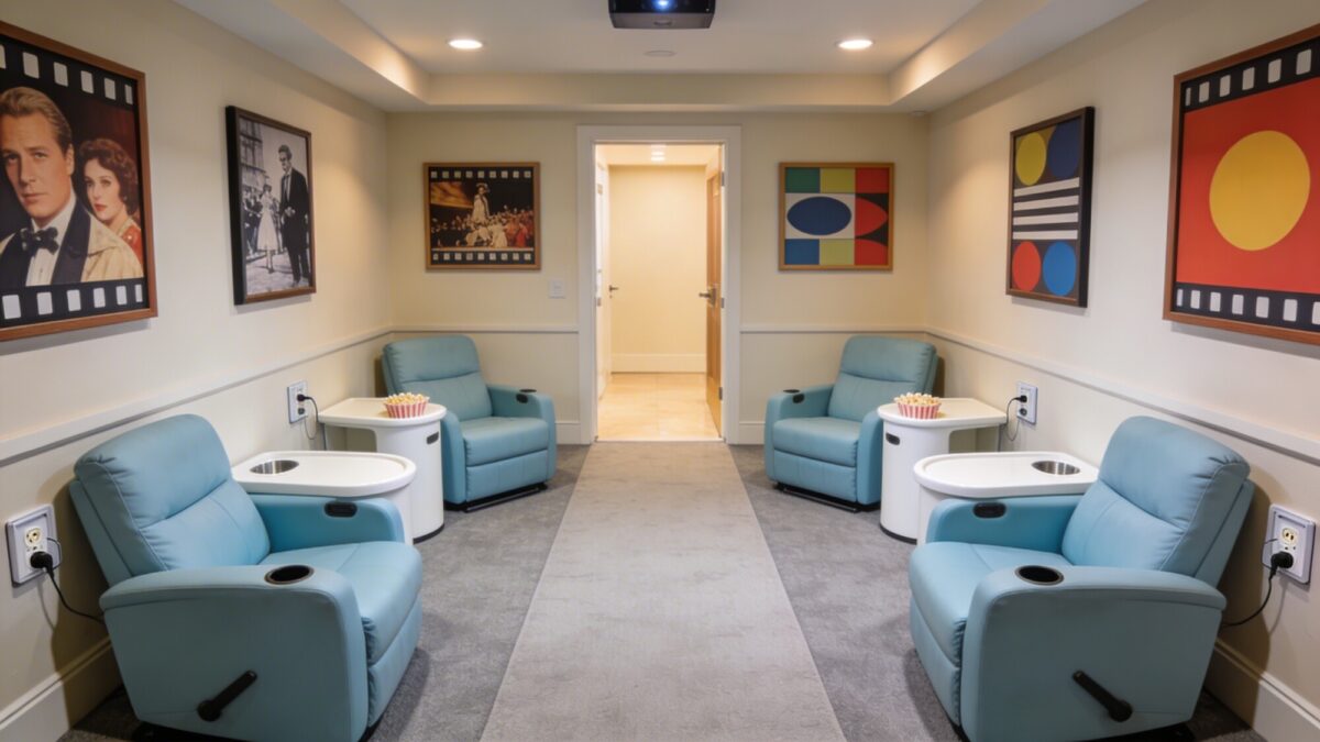 A family-friendly home theater layout: kid-friendly seating with smaller recliners, reachable snack stations, quick-access power outlets, and a clear walkway; wall art that nods to film stills and abstract cinema-inspired patterns.