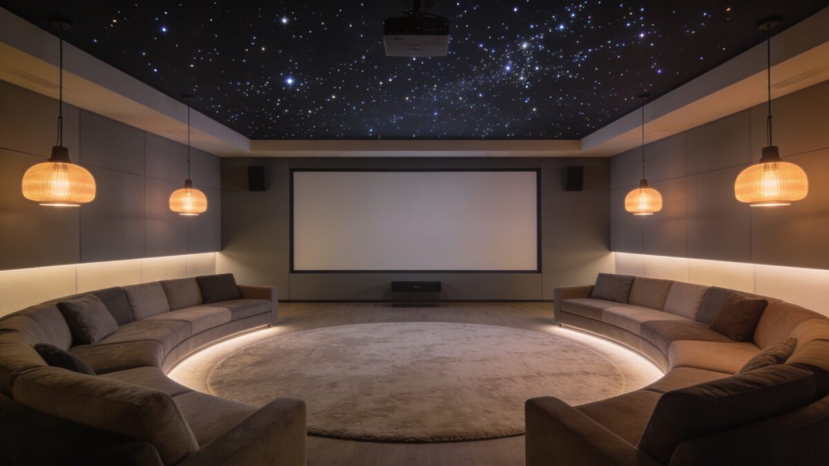 A modern home theater room featuring a large screen or projector wall, a ceiling with hidden fiber-optic stars, dimmable pendant lighting, and a seating area arranged in an arc facing the screen; soft, sound-absorbing rug and muted wall colors.