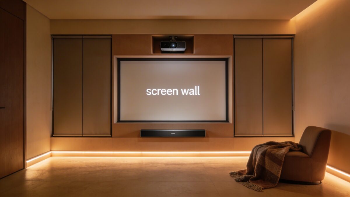 A stylish “screen wall” setup showing a clever projector wall with a recessed projector, blackout panels, and a slim soundbar; ambient floor lighting along the baseboards, and a cozy throw blanket visible on a seat, all in a cohesive, warm color scheme.
