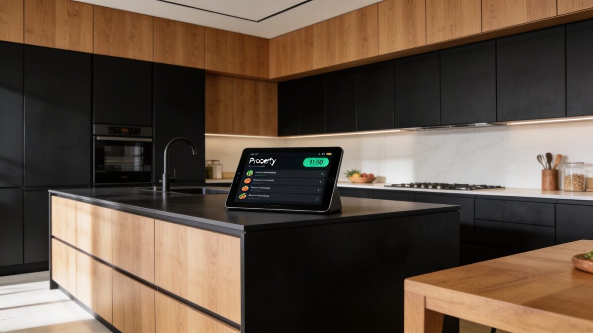 A modern kitchen island with a seamless smart display on the countertop, showing a grocery list and timer notification, surrounded by matte black cabinets and warm wood accents, bright natural light, no people.