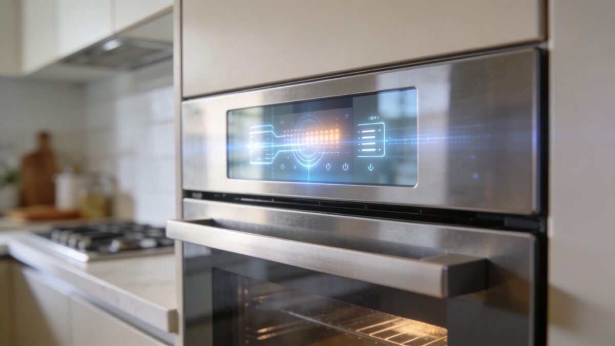 Close-up of a smart oven door mid-preheat in a stylish kitchen, with a subtle holographic-like UI projected on the glass, during daytime, sleek stainless steel and neutral tones.